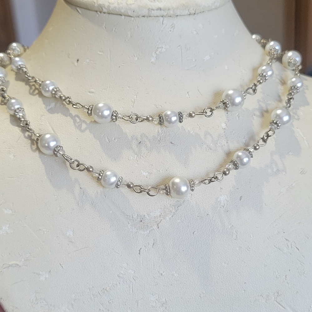 Vintage Double Strand  Silver Faux Pearl Necklace 16"